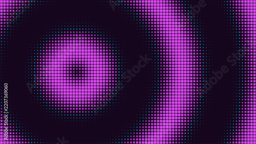 Purple halftone square pattern with concentric circles on a dark background, abstract digital texture for technology or media projects