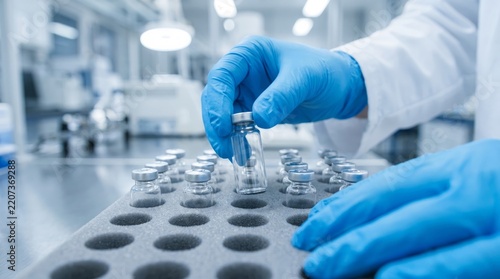 Scientific researcher wearing blue protective gloves carefully picks up a tiny glass medical vial containing experimental liquid substance