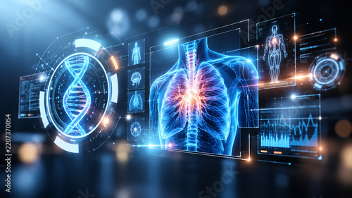 AI generated futuristic medical interface showing human lungs DNA helix skeletal anatomy digital health data for biotechnology diagnosis research healthcare innovation