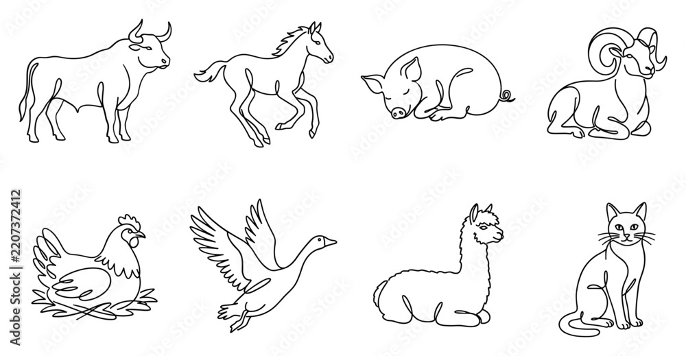 Obraz premium Line drawing illustrations of various farm animals and pets.