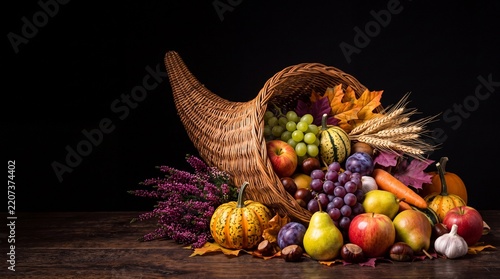 Abundant cornucopia filled with autumn harvest fruits and vegetables on a rustic wooden table against dark background. Thanksgiving horn of plenty