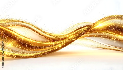 Abstract Golden Wave Ribbon with Glowing Sparkles and Shimmering Luxury Particles Isolated on White Background