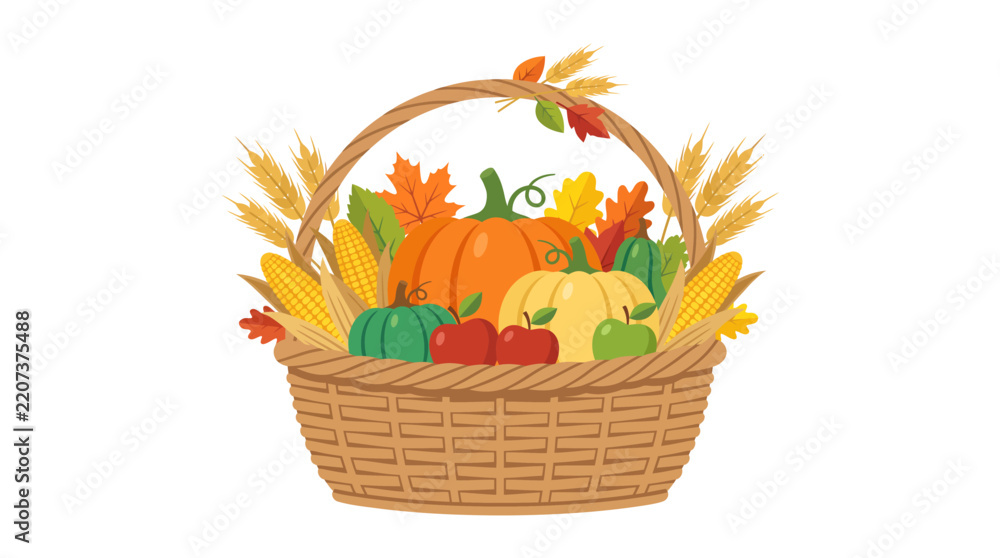 Obraz premium Thanksgiving autumn harvest basket filled with pumpkins and wheat