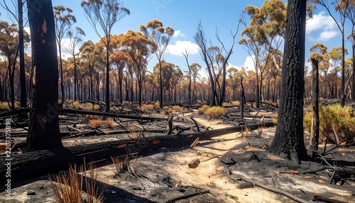 Burnt Australian Eucalyptus Forest Landscape After Severe Bushfire Damage with Charred Tree Trunks and Ashy Ground Cover