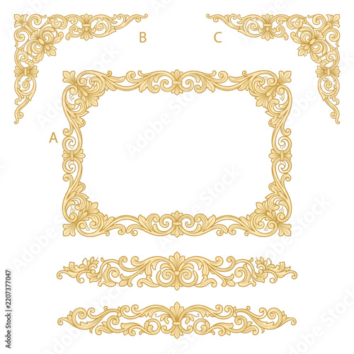 Vintage golden ornamental frame and decorative corner elements display elegant baroque scrollwork on a transparent backdrop.