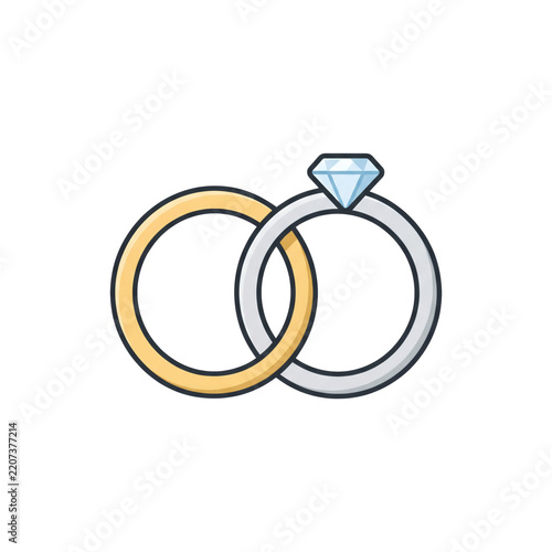 Wedding rings icon illustrates intertwined gold band and diamond solitaire engagement jewelry.