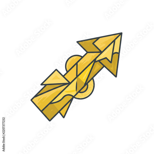 Golden geometric arrow points upward with abstract polygonal facets against a transparent backdrop.