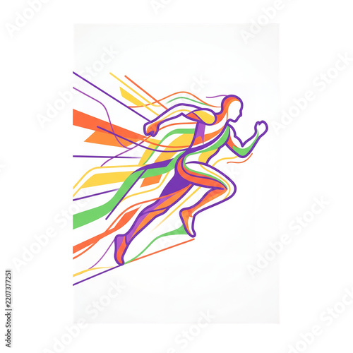 Runner silhouette made of dynamic colorful lines sprints forward against a clean transparent background.