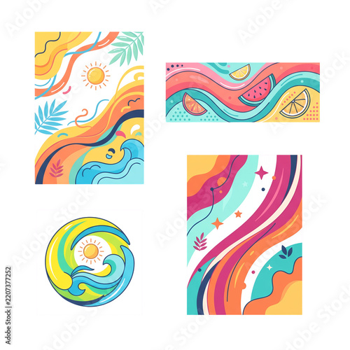 Summer posters showcase tropical beach elements, ocean waves, and bright sunshine in abstract style.