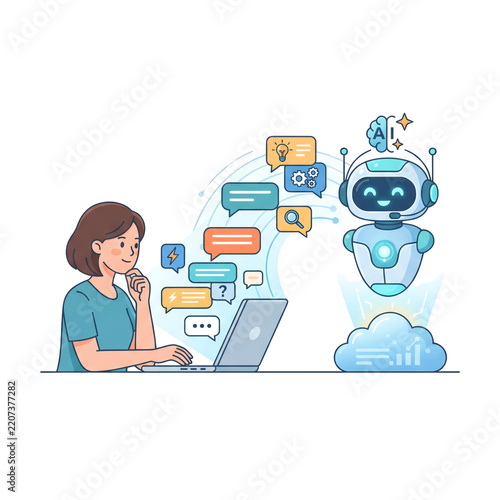 Woman interacts with an intelligent robot chatbot on her laptop to brainstorm ideas and solve tasks.