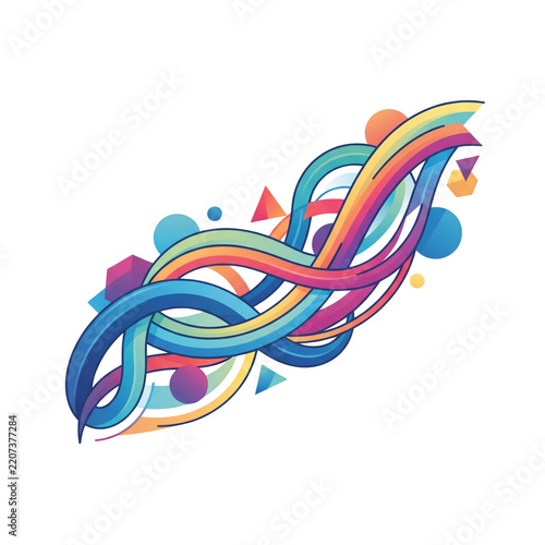 Colorful wavy lines swirl dynamically with geometric shapes on a transparent background.