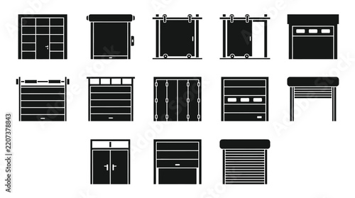 Garage door icons set, black simple style showing various entrance types and mechanisms