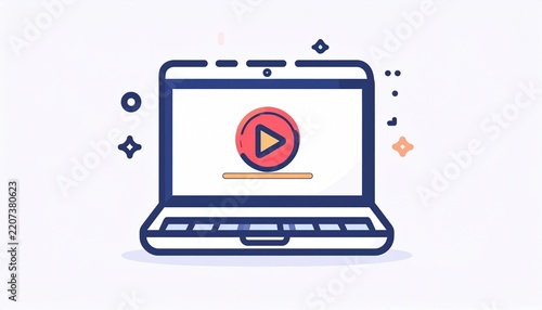 A minimalist flat vector illustration depicts a laptop computer screen with a circular.