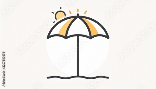 A minimalist vector icon depicts a beach umbrella standing on sand under a bright sun.