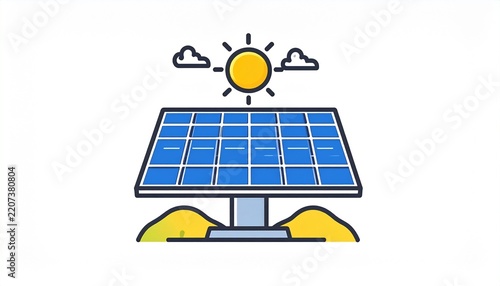 Vector illustration of a blue solar panel array in a landscape under a yellow sun.