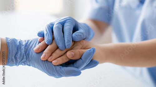 Gloved hands cradle a hand during a reassuring medical visit