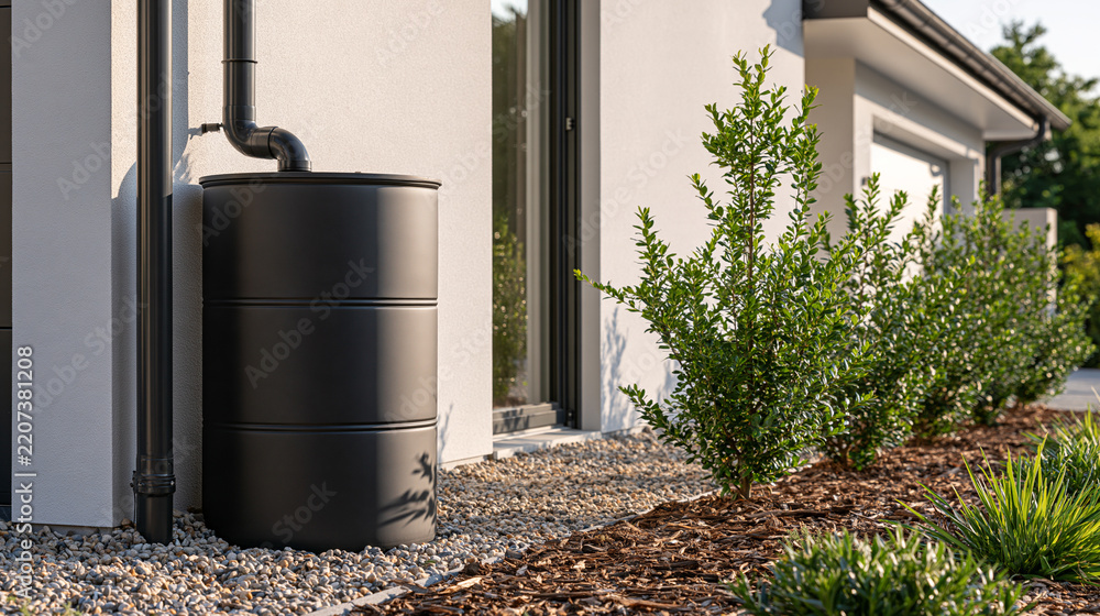 Fototapeta premium Downspout connects to a water storage tank near garden shrubs
