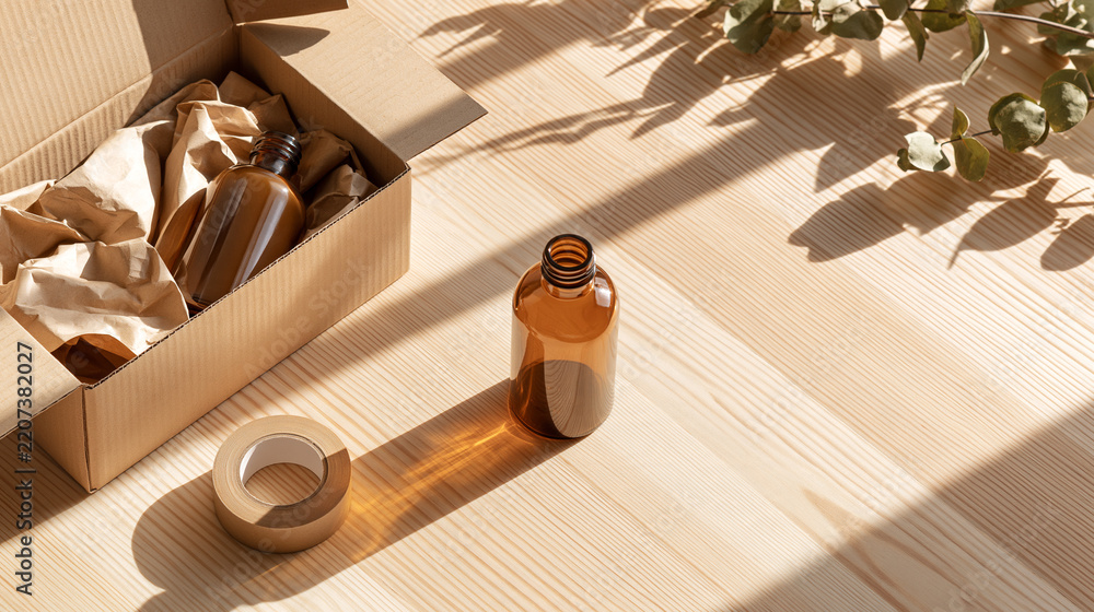 © lnsu - Open cardboard packaging protects a small brown bottle