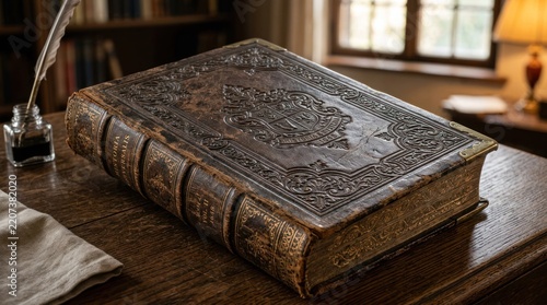Antique Leather Bound Book on a Wooden Desk with Quill Pen.