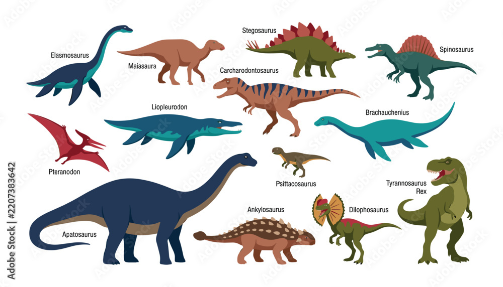 Fototapeta premium Dinosaur vector illustration set featuring named prehistoric creatures like tyrannosaurus rex stegosaurus spinosaurus and apatosaurus on white background