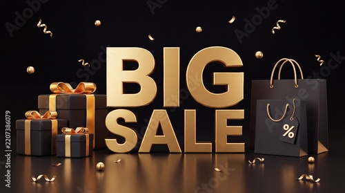 Celebrate immense savings and shopping delights with this elegant golden 'Big Sale' graphic featuring gift boxes and shopping bags, perfect for promotional banners and advertisements