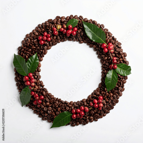 Circular Wreath of Roasted Coffee Beans Decorated with Red Cherries and Green Leaves on White Background