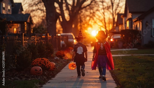 Children in costumes walking along a sidewalk at sunset during autumn