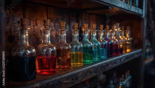 Colorful potion bottles arranged in a row on an antique wooden shelf