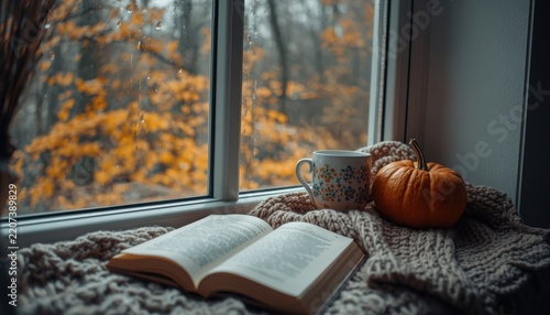 Open book and pumpkin on a cozy window seat during autumn rain