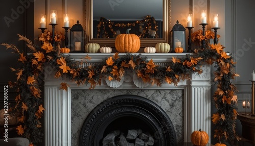 Autumn fireplace mantel decorated with pumpkins with autumn season