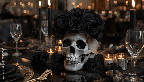 Decorative human skull centerpiece with black roses on a formal table