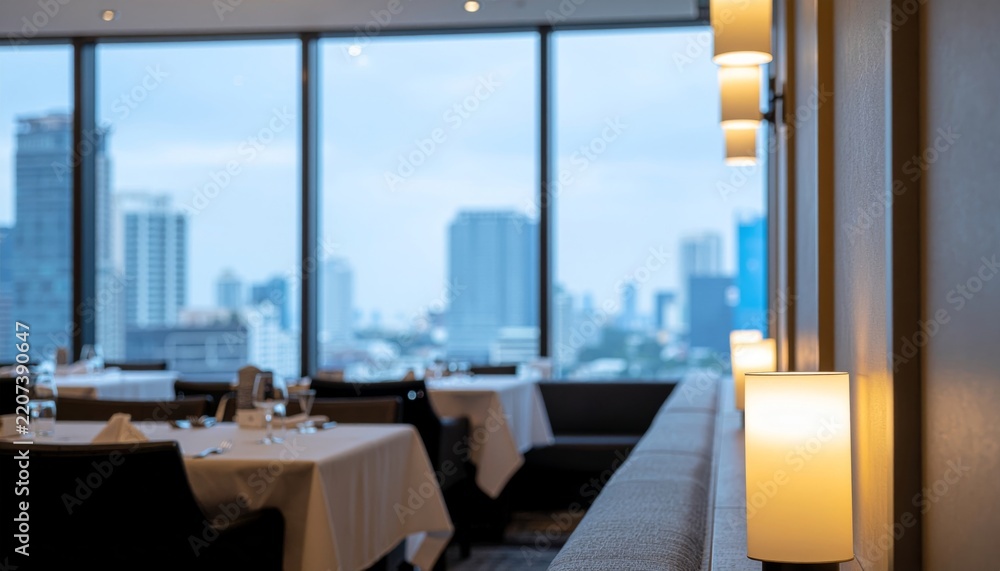 Obraz premium Modern restaurant with city skyline view from inside.