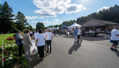 People walking on a sunny day at an outdoor market.