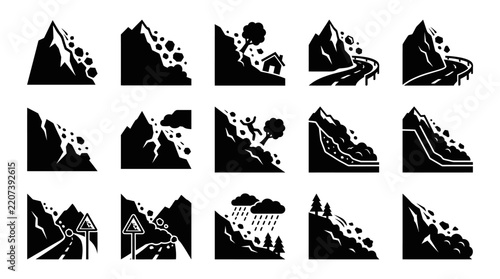 Landslide icon set showing mountain rockfall disaster symbols and emergency danger signs