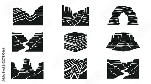 Black and white vector icons set of rock formations canyons and natural geological layers