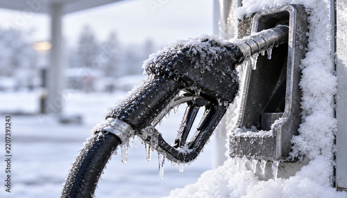 A frozen gas station nozzle covered in icicles hangs at a snowbound outdoor pump in cold daylight for a winter energy crisis and severe weather disruption concept