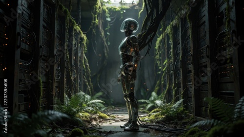 Abandoned futuristic data center overtaken by lush vegetation