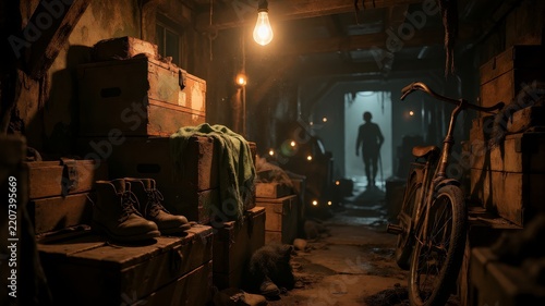 Abandoned room with dusty furniture and hanging clothes