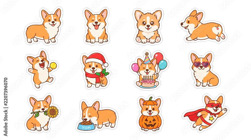 Obraz premium Pembroke Welsh Corgi Vector Clipart Set, 12 Cute Dog Poses and Holiday Themes Grid Isolated on Transparent Background PNG