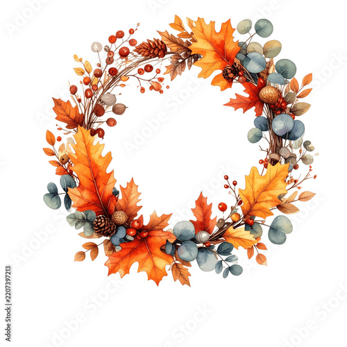 Watercolor Autumn Wreath Featuring Maple Leaves Acorns Berries Pinecones and Eucalyptus on Green Background