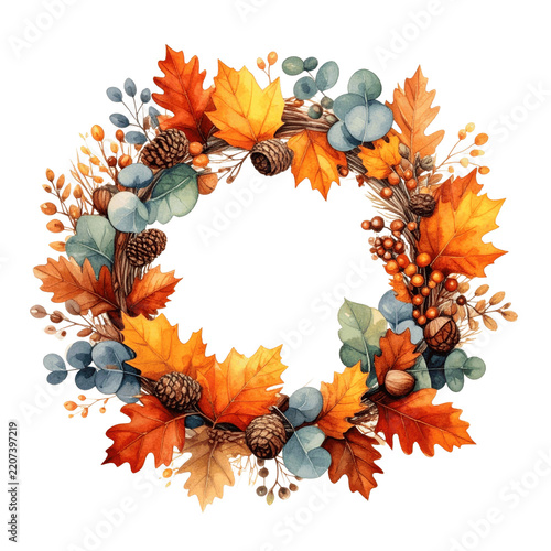 Watercolor Autumn Wreath with Colorful Leaves Pinecones Acorns and Berries on Green Background