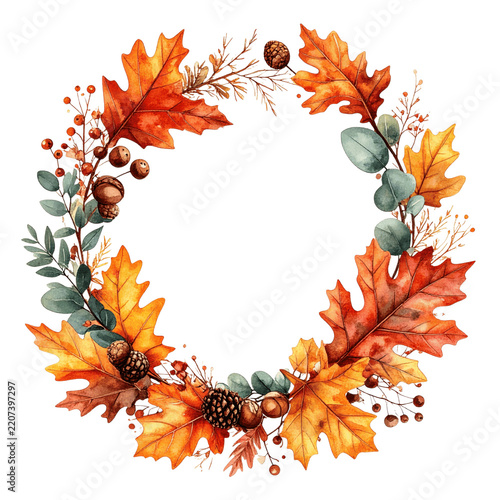 Watercolor Autumn Wreath with Oak Leaves Acorns and Red Berries on Green Background