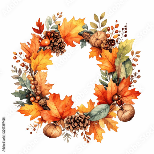 Autumn Watercolor Wreath With Maple Leaves Acorns Pinecones and Berries on Blue Background