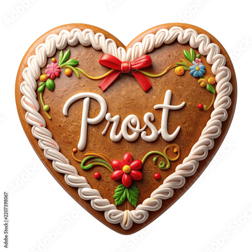Decorated Heart Shaped Gingerbread Cookie with Prost Icing Text on Green Background