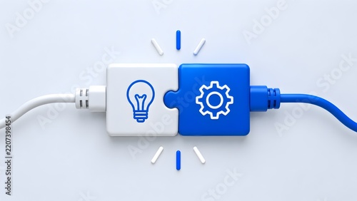 Interlocking puzzle pieces featuring lightbulb and gear icons connected by electrical cables representing creative ideas meeting technical execution