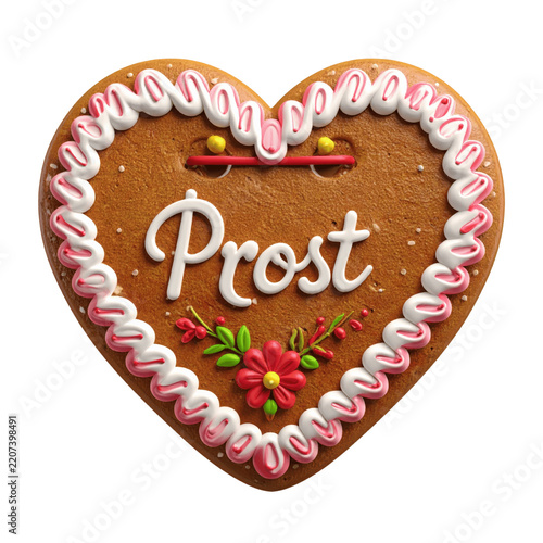Decorated Heart Shaped Gingerbread Cookie With White Prost Icing Text and Red Flower on Green Background