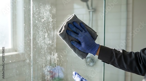 Scrupulous Shower Cleaning: A gloved hand meticulously scrubs a glass shower door, removing soap scum and water spots to restore its pristine clarity. A symbol of domestic diligence and cleanliness