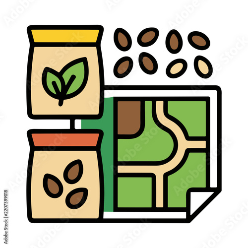 Containers of Seeds and Fertilizer with a Map of Agricultural Land