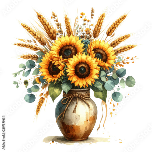 Bright Yellow Sunflowers and Wheat Stalks Arranged in Ceramic Vase Against Green Background
