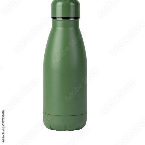 Matte Green Reusable Water Bottle Standing on Plain Green Background